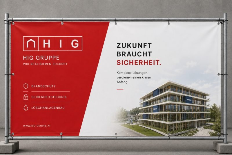 Konzeptstudie: Bauzaun-Banner der HIG-Gruppe — links rotes Feld mit Lockup und Leistungen, rechts Architekturfoto