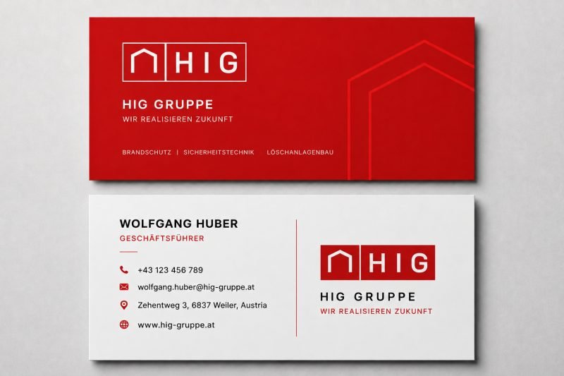 Konzeptstudie: Visitenkarte der HIG-Gruppe, rote Vorderseite mit Lockup, weiße Rückseite mit Kontaktdaten